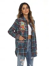 Women's Boho Shirt Floral Plaid Flower Casual Boho Long Sleeve Bishop Sleeve Shirt Collar Regular Tops Valentine's Day Work Daily Embroidered Blue Spring, Fall, Winter, Summer