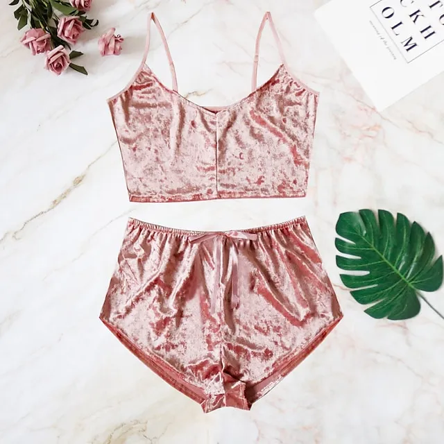 Women's Pajamas Sets Nighty 1 set Pure Color Simple Hot Retro Xmas Home Party Christmas Daily Spandex Gift Sleeveless Strap Top Shorts Basic Spring Summer Black Pink / Sexy