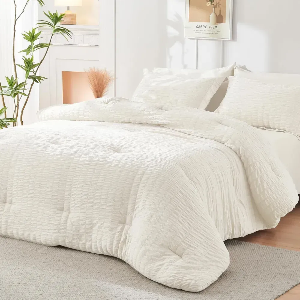 Queen Comforter Set Seersucker 7 Pieces, All Season Luxury Bed in a Bag for Bedroom, Bedding Set with Comforters, Sheets, Pillowcases & Shams, Dark Grey