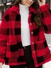 Women's Winter Coat Sherpa Jacket Comfortable Breathable Pocket Buttons Print Casual Plaid Vacation Street Casual Daily Wear Single Breasted Regular Turndown Regular Fit Long Sleeve Outerwear Black