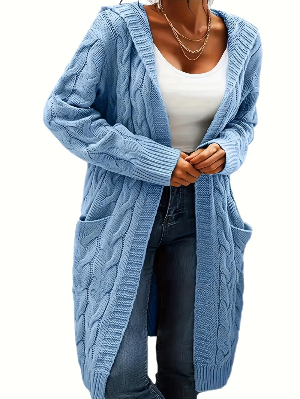 Cozy Long Sleeve Mid-Length Solid Color Cable Knit Hooded Cardigan - Soft Micro Elasticity Polyester, Casual Pocket Sweater for Women
