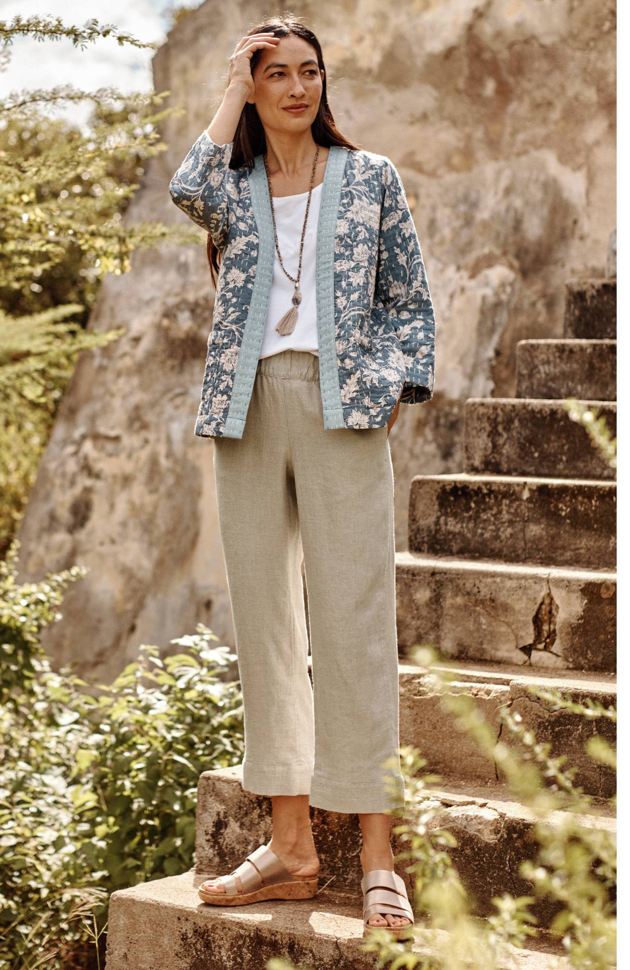 pure jill linen trapunto-stitched pants