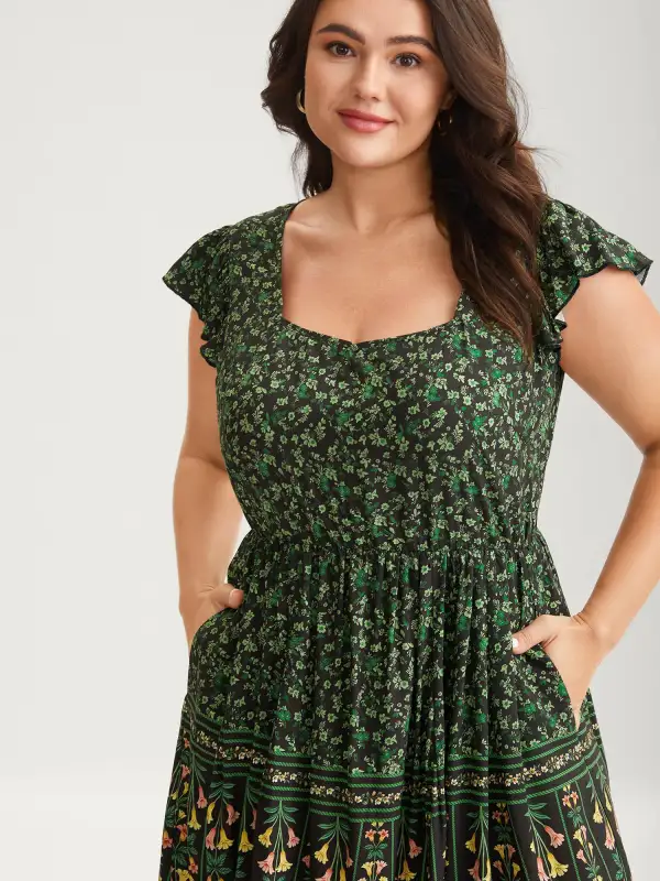 Rayon Garden Fresh Ruffled Sleeve Midi Dress