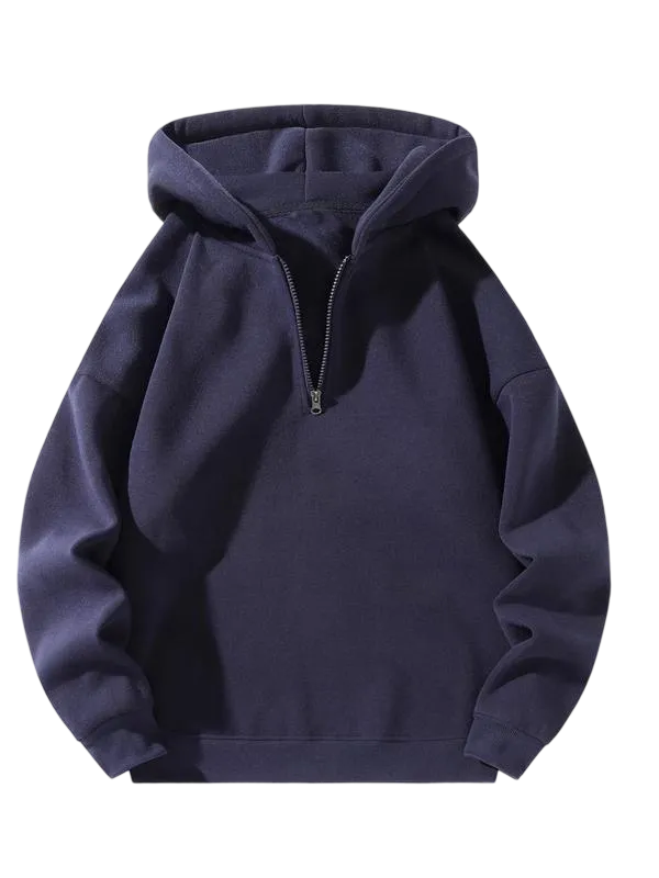 Men's half-zip hoodie: plain, drop shoulder, regular/relaxed fit, long-sleeve fleece