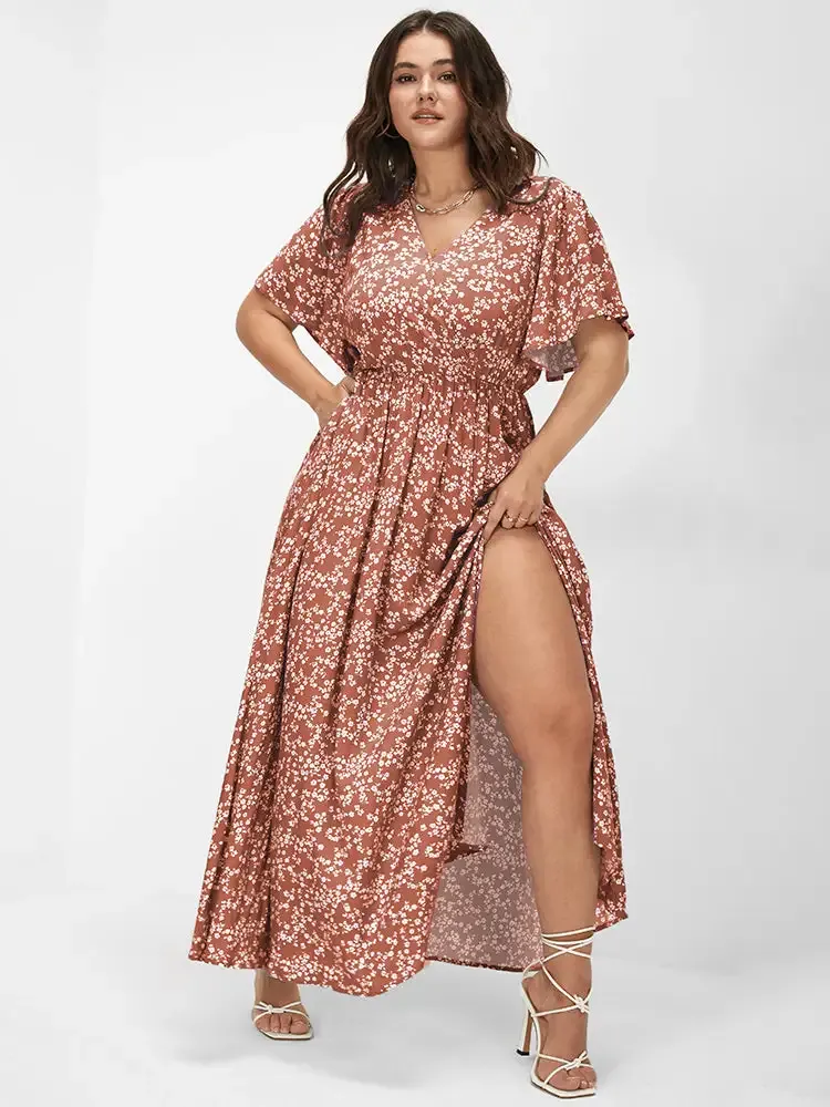 Bloom Dress - Flutter Sleeve Ditsy Floral Pocket Split Maxi Dress