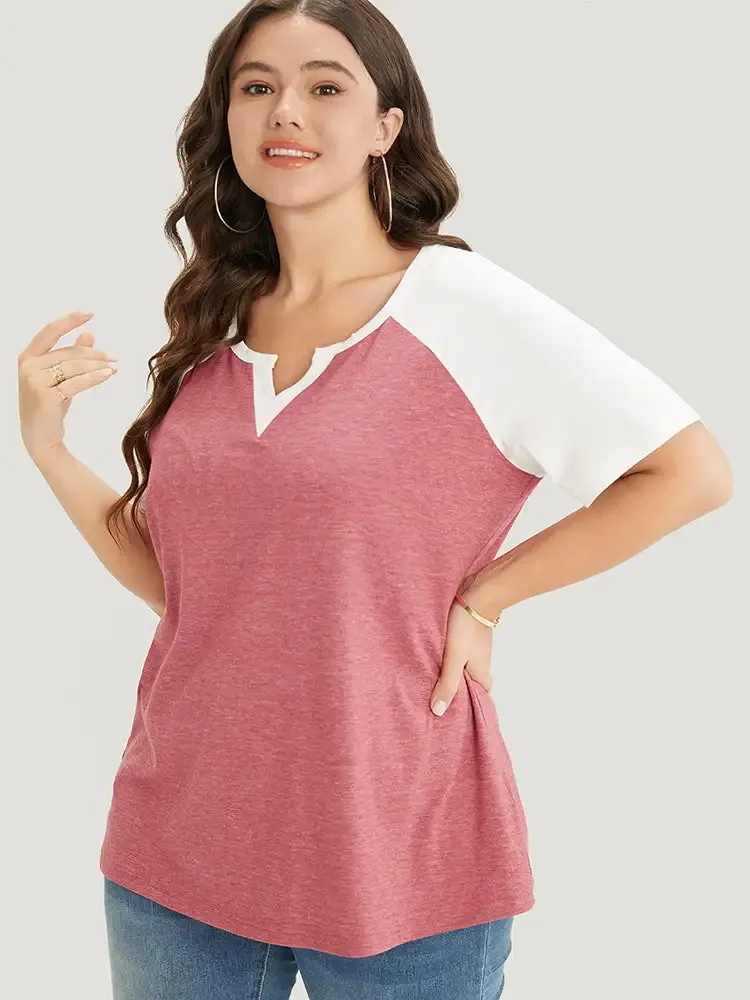 Colorblock Contrast Notched Raglan Sleeve T-shirt