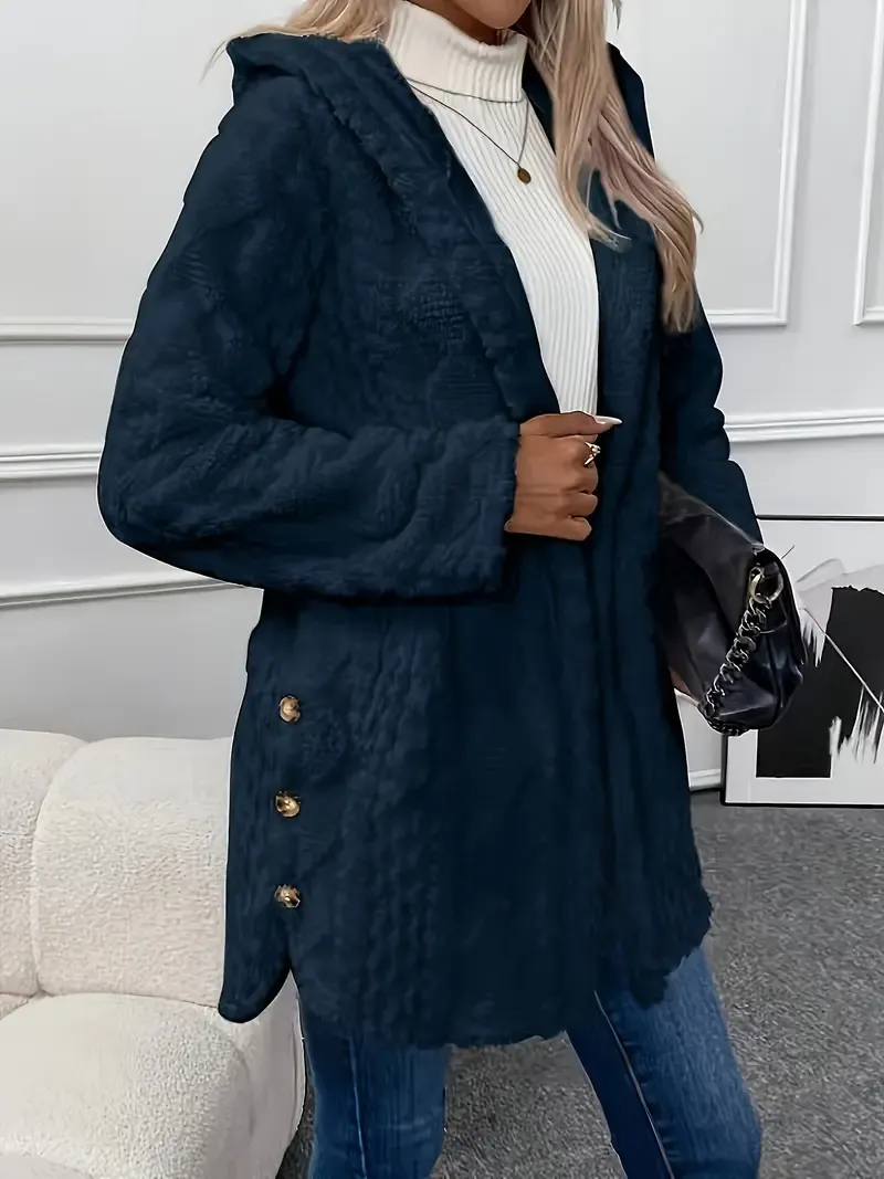 Luxurious Faux Fur Teddy Coat - Elegant Long Sleeve Split Side Hooded Outwear for Women - Soft, Warm, and Chic Winter Clothing