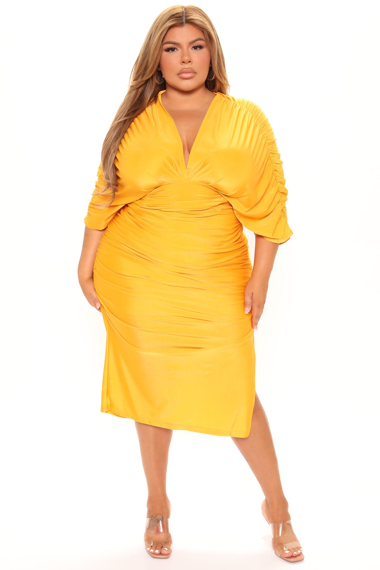 Mandy Ruched Midi Dress - Mustard
