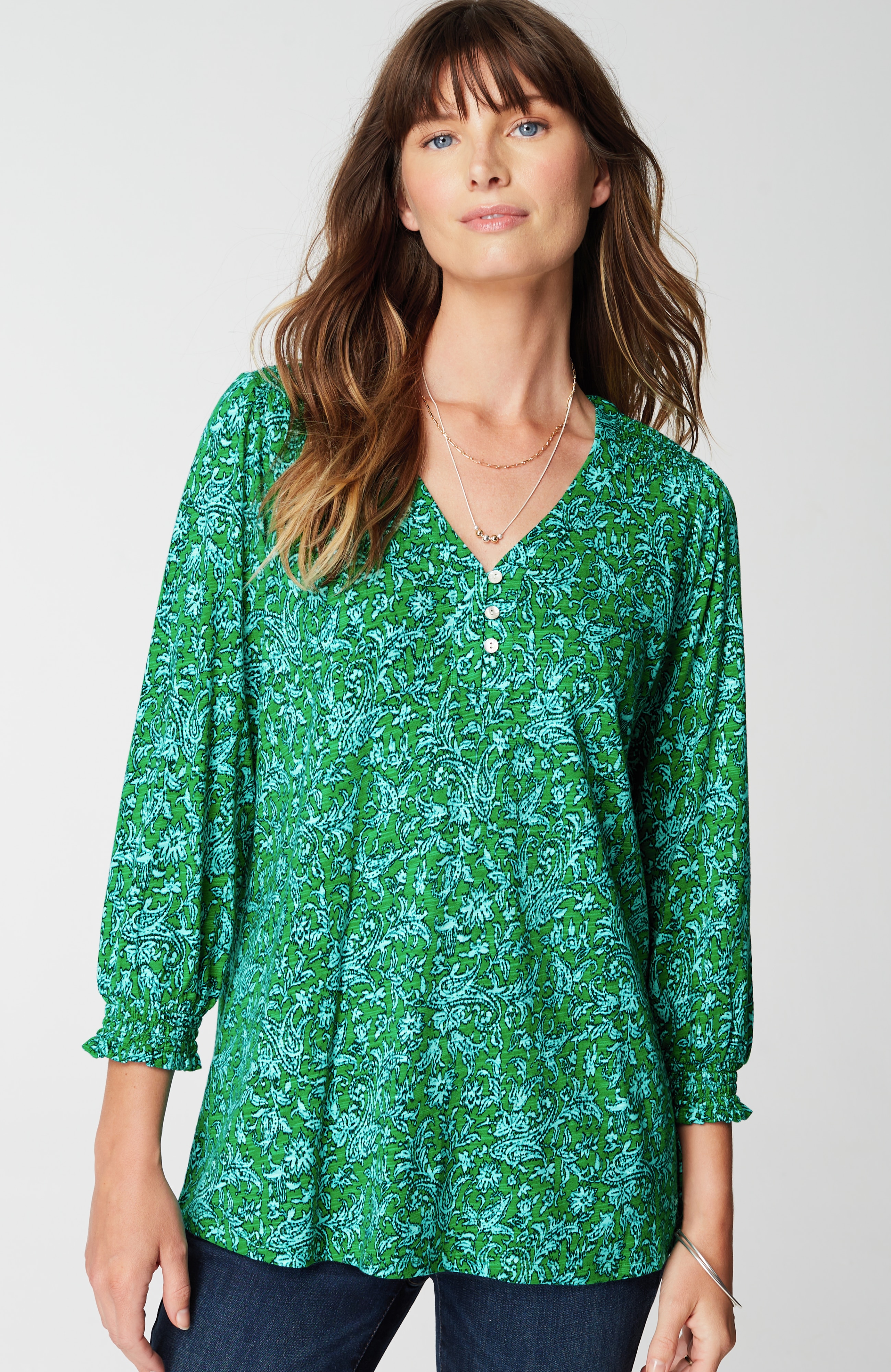 Smocked-Sleeve Henley Top