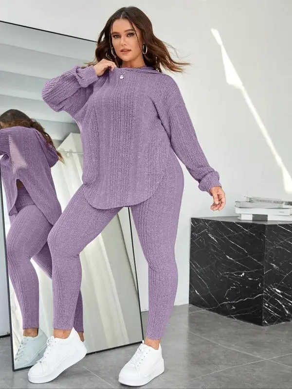 【Plus Size】 Plain Split Curved Hem Hoodie & Leggings Lounge Two-piece Set, Casual Fashion Cozy Breathable Two Piece Outfits for Daily Home Wear