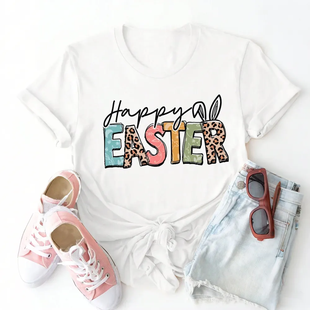 Happy Easter Printed Round Neck Short Sleeve T-Shirt