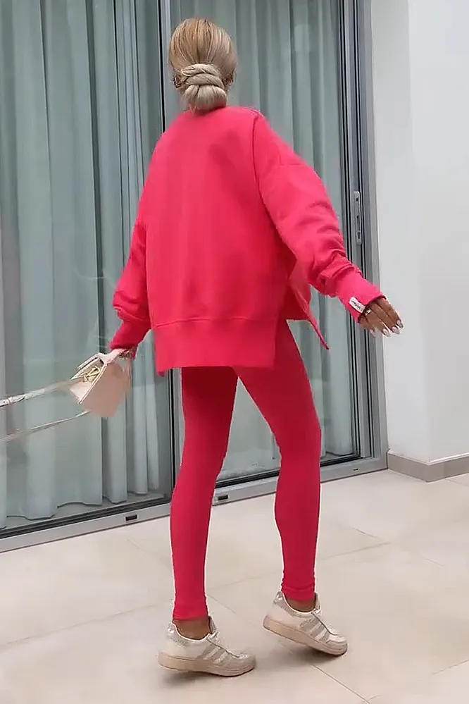 Women's solid color round neck top and pants two-piece set