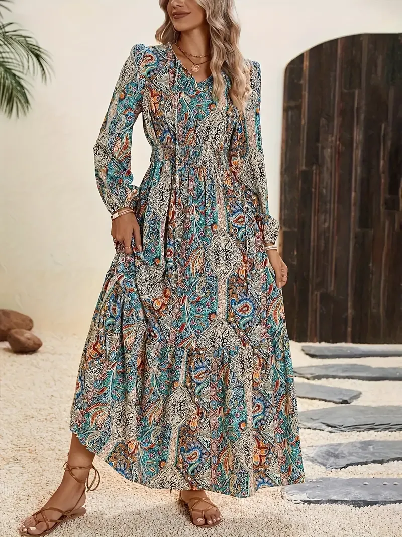 Paisley Print Lantern Sleeve Dress