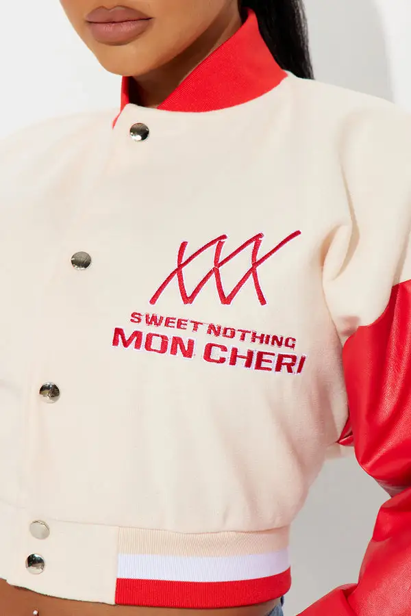 Mon Cheri Cropped Varsity Jacket - Taupe/combo