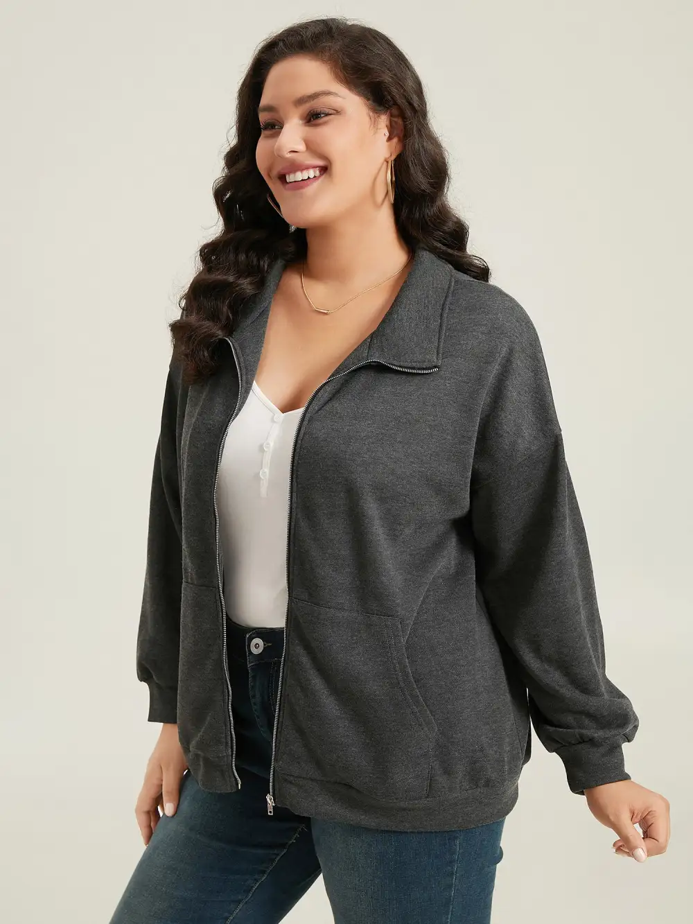 Lapel Collar Zip-Front Pockets Jacket