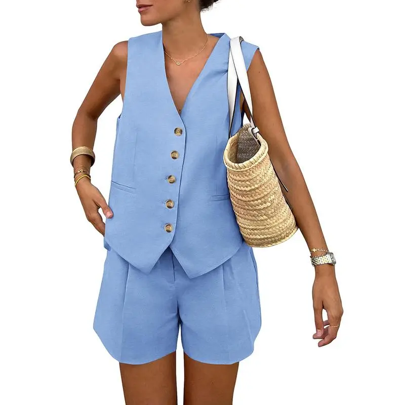 Women's 2-Piece Summer Outfit – Sleeveless V-Neck Button Down Top & Shorts Set with Pockets, Minimalist Casual Loungewear
