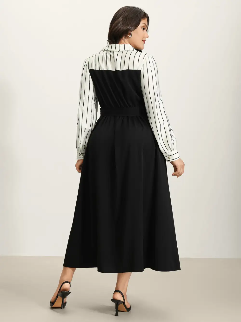 Stripe Print Belted Pockets Maxi Dress