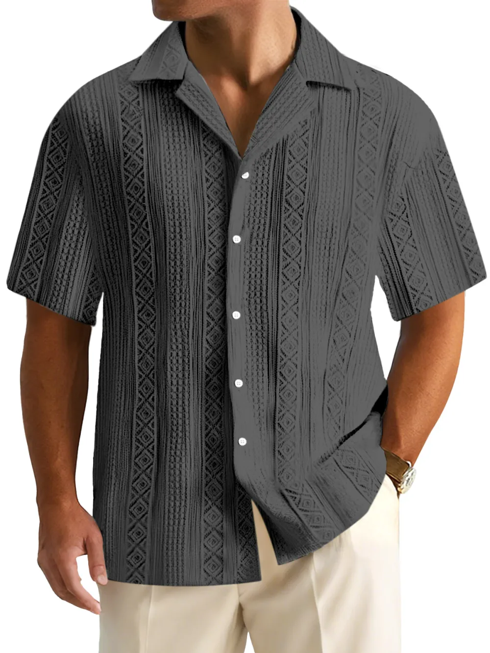 Men's Everyday Solid Color Textured Short-sleeved Cuban Collar Shirt