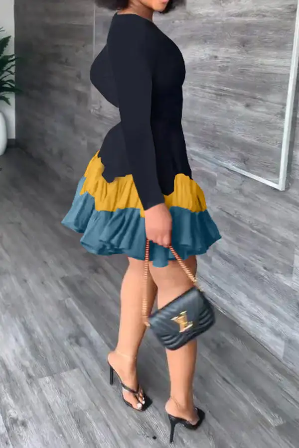 Color Block Classic Tiered Ruffle Mini Dress