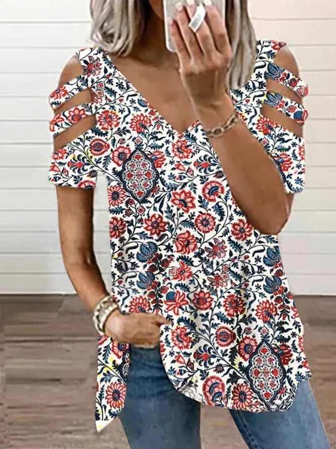 women's printed v-neck fashion casual short sleeves top