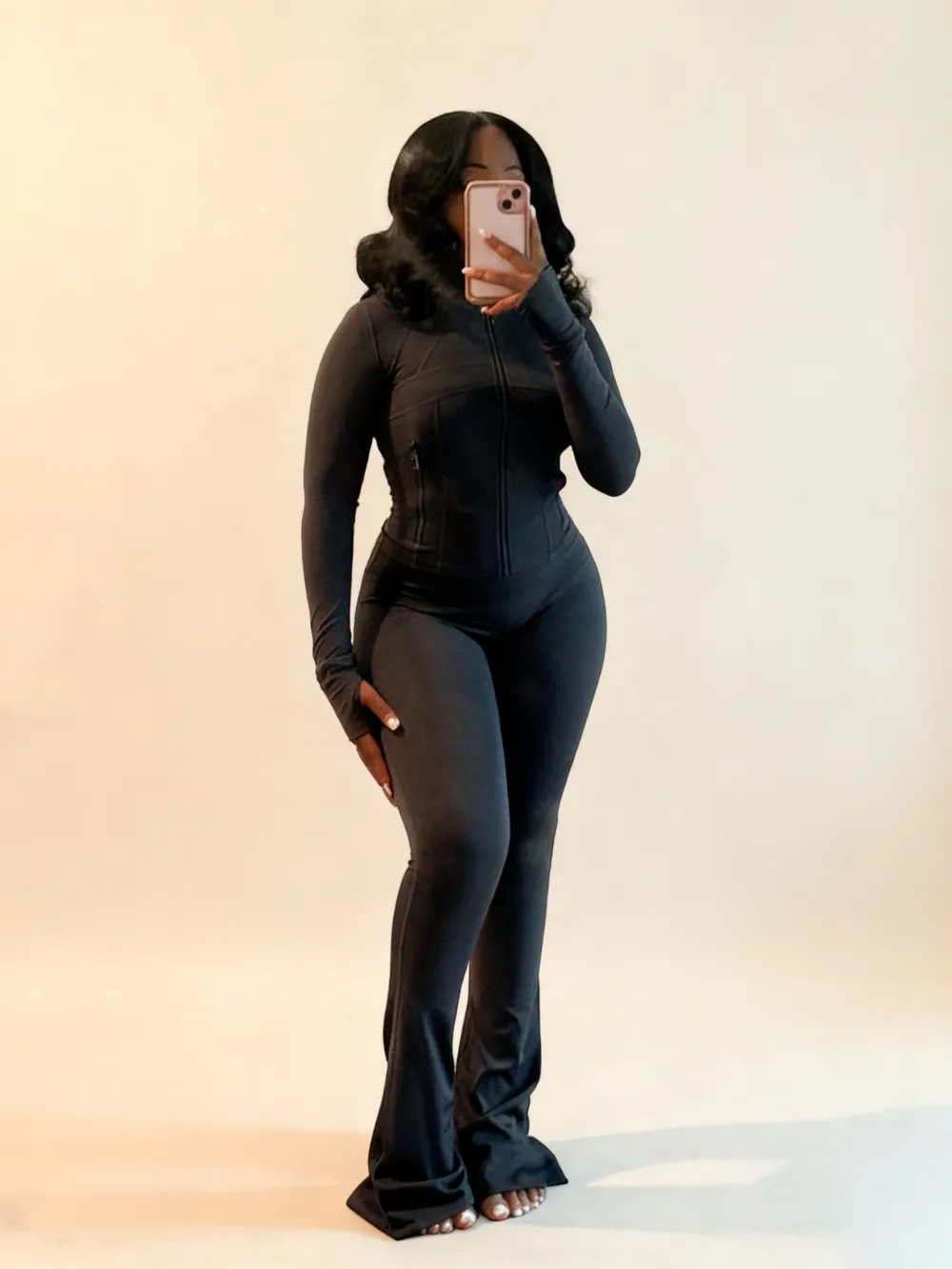 Women’s Fall/Winter 2-Piece Set: Solid Zip-Up Jacket + Flare-Leg Pants (Casual, Cozy)