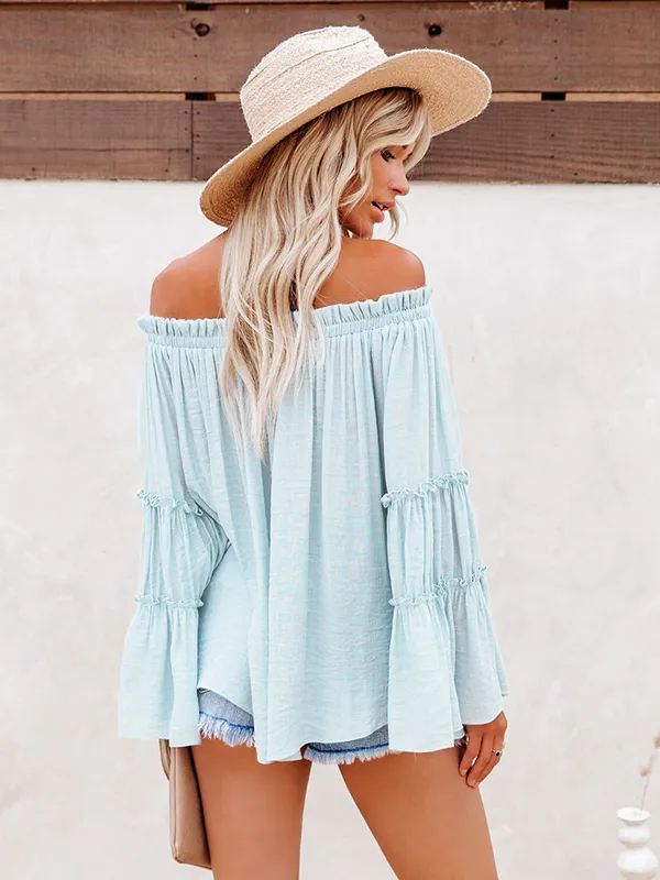 Urban Solid Color Pleated Puff Sleeves Off-The-Shoulder Blouse