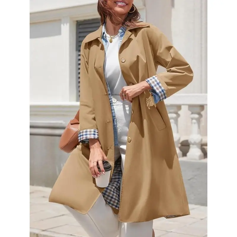Womens Long Trench Coat Single Breasted Oversized Windproof Overcoat Fashion Outerwear