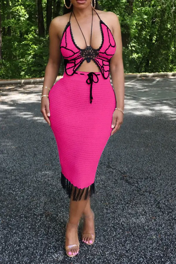 Crochet Butterfly Patchwork Tassel Dress Set