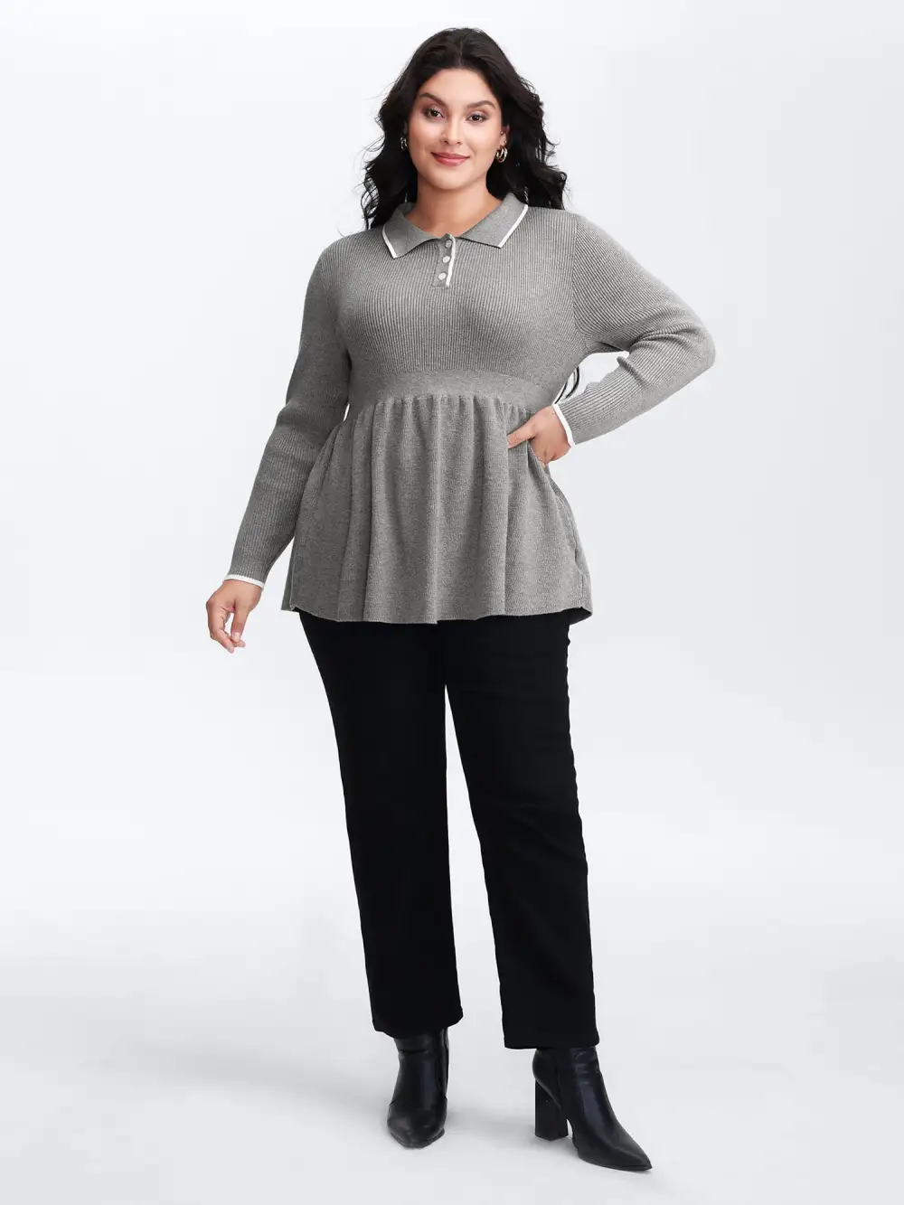 Polo Collar Cinched-Waist Flared Pullover