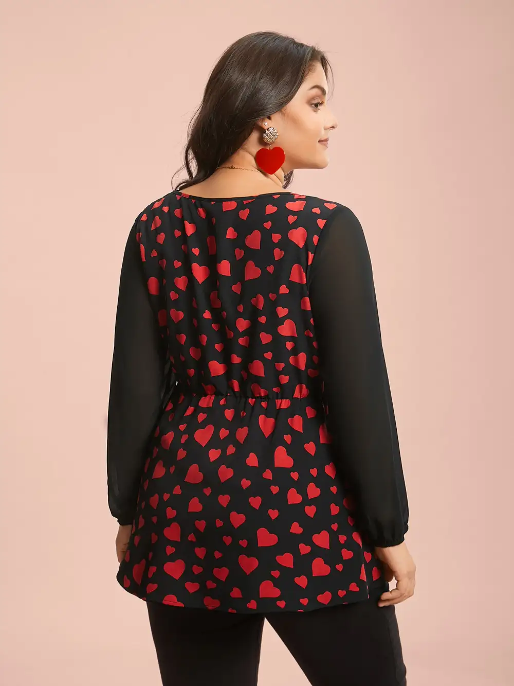 Heart Print Patchwork Waist-Tie Blouse