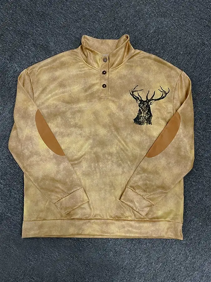 Men's Western Style Printed Stand Collar Button Sweatshirt