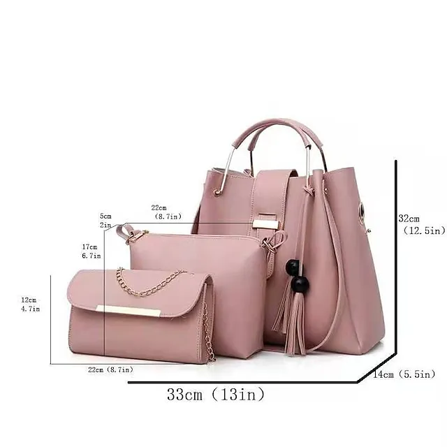 Women's Bag Set PU Leather 3 Pcs Purse Set Shopping Zipper Tassel Black White Pink