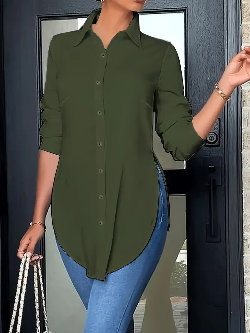 Women's Long Sleeve Shirt - Split Button Front, Casual Curved Hem