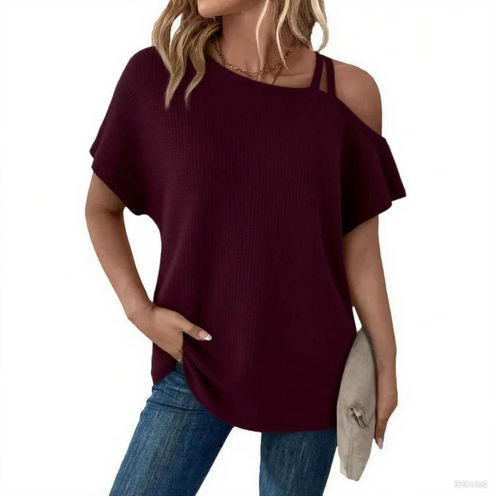 Women's Off Shoulder Waffle Knit Tops – Short Sleeve, Lightweight, Casual & Stylish