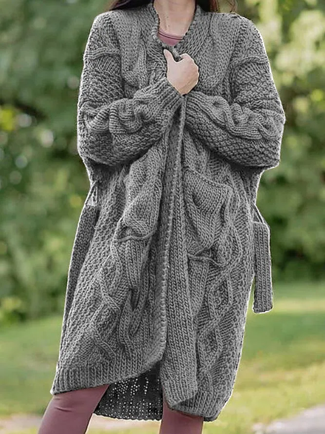 Plain Lace-Up Casual Sweater Coat