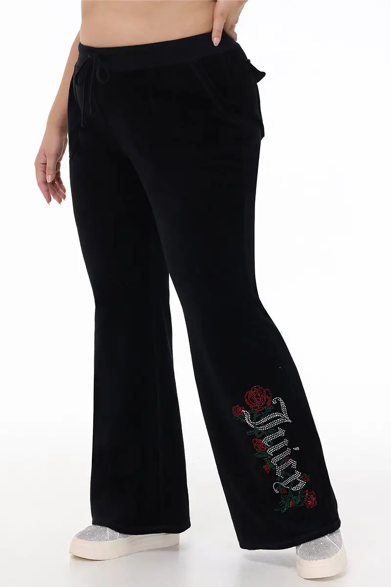 Plus-Size Juicy Roses Bling Snap Pocket Cotton Velour Pants