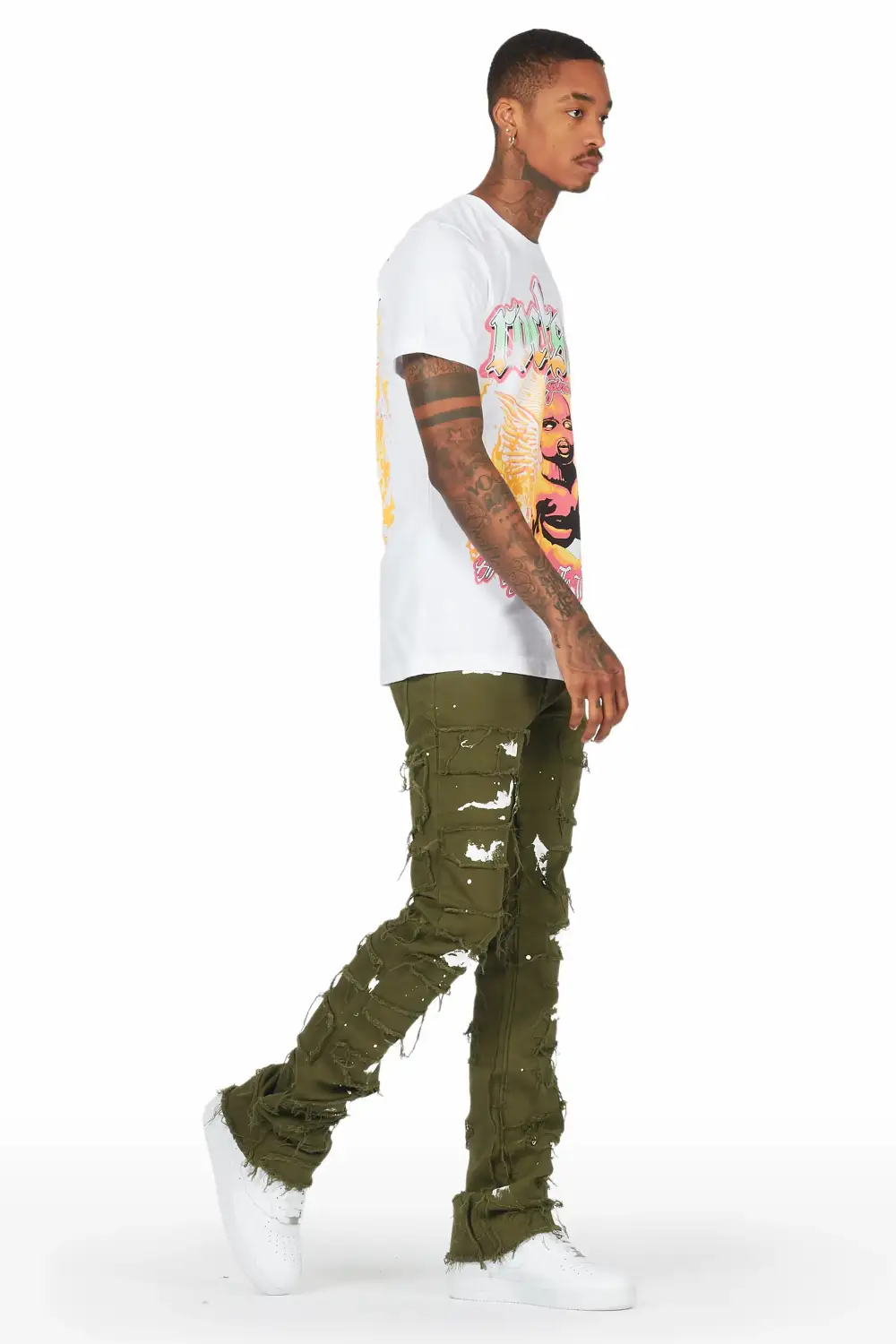 Yakez Green Painter Stacked Flare Jean