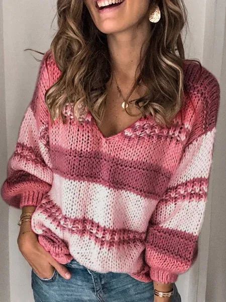 Long Sleeve V Neck Striped Sweater