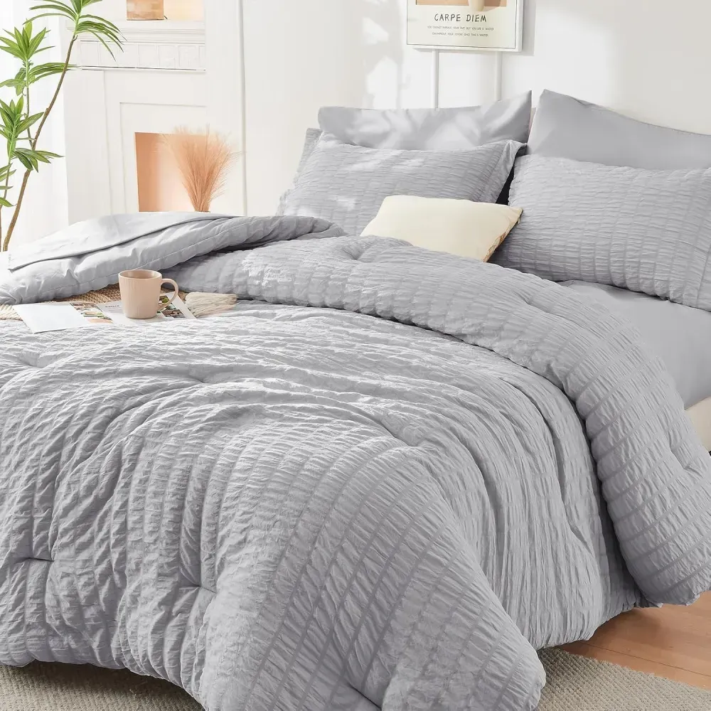 Queen Comforter Set Seersucker 7 Pieces, All Season Luxury Bed in a Bag for Bedroom, Bedding Set with Comforters, Sheets, Pillowcases & Shams, Dark Grey