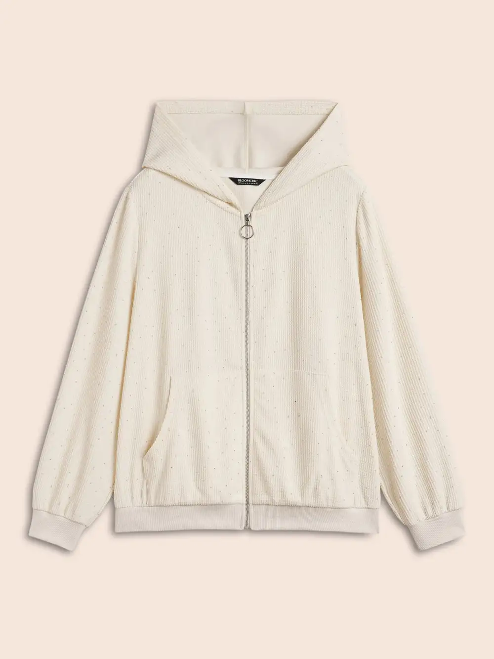 Textured Rhinestone Hooded O Ring Zipper Sweatshirt