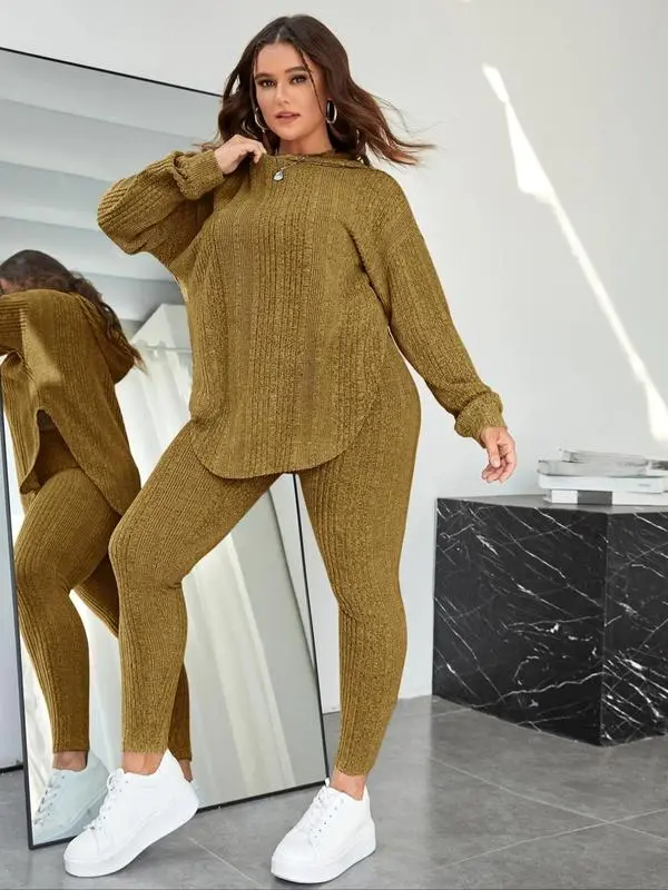 【Plus Size】 Plain Split Curved Hem Hoodie & Leggings Lounge Two-piece Set, Casual Fashion Cozy Breathable Two Piece Outfits for Daily Home Wear