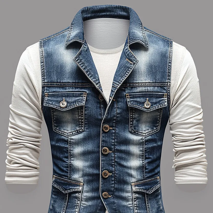 Men's Shirt Collar Single Breasted Pocket Denim Vest