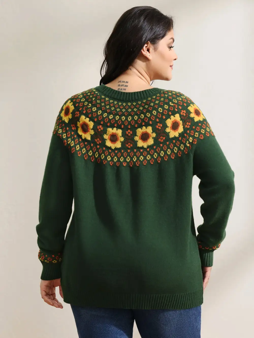 Fair Isle Floral Pattern Ribbed Hem Pullover