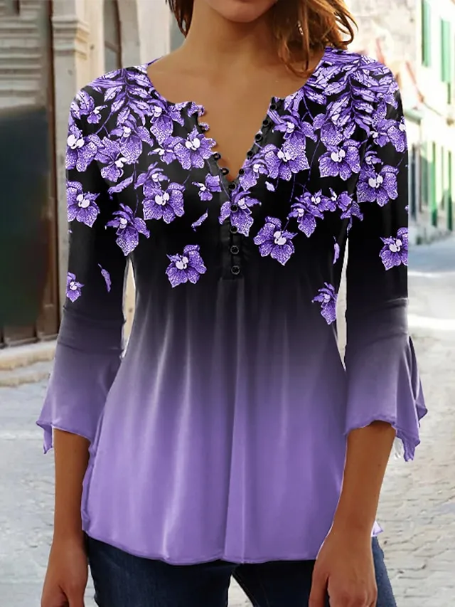 Women's Shirt Blouse Pink Blue Purple Floral Color Gradient Button Print 3/4 Length Sleeve Holiday Basic Neon & Bright Round Neck Regular Fit Floral