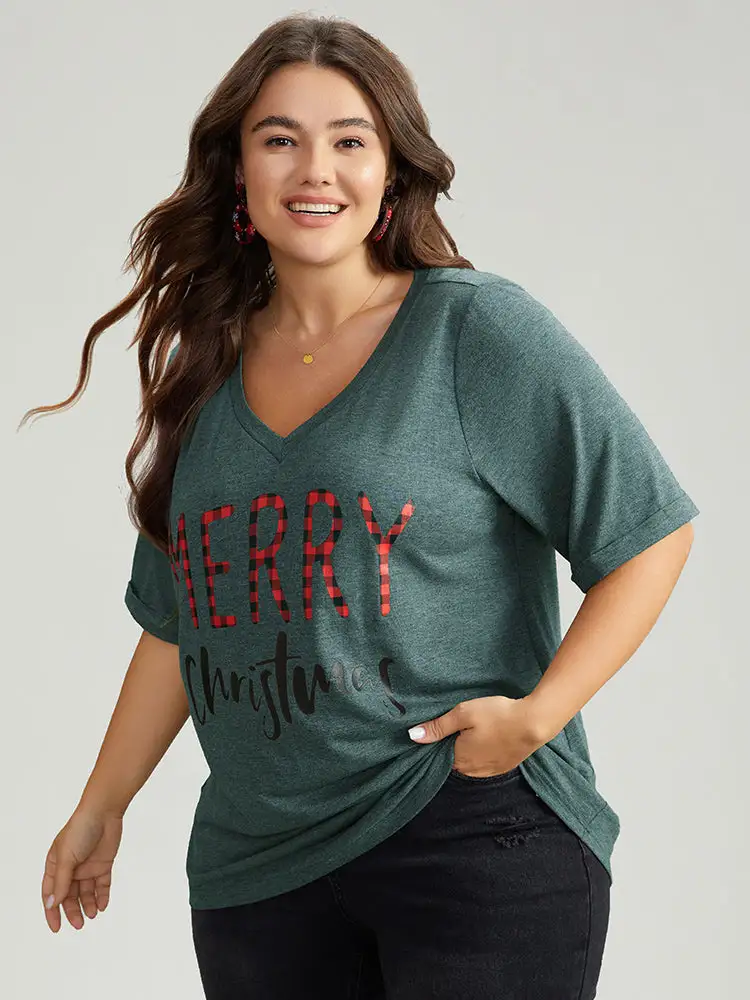 Christmas Gingham Patchwork V Neck T-shirt