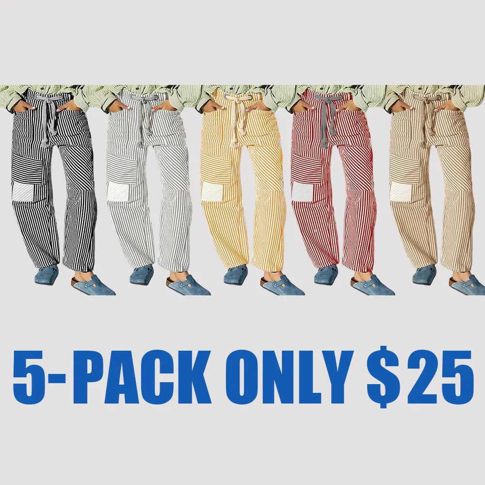 Women's Striped Wide Leg Pants with Pockets – Elastic Waist Drawstring Loose Trousers, Patchwork Casual Style