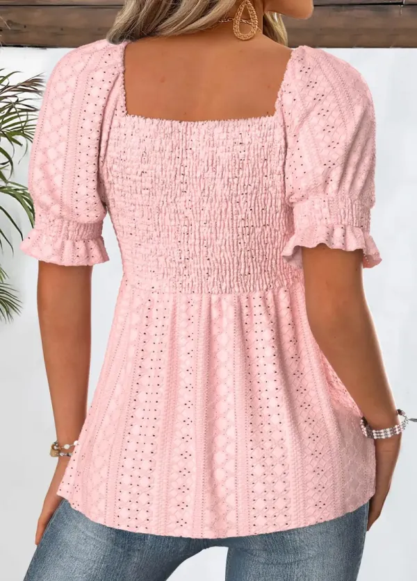 Light Pink Short Sleeve Square Neck Blouse