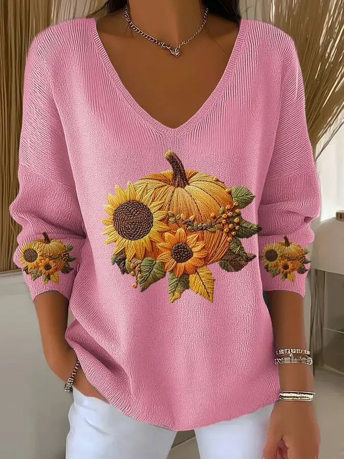 Women's Casual Pumpkin Floral Long Sleeve T-Shirt