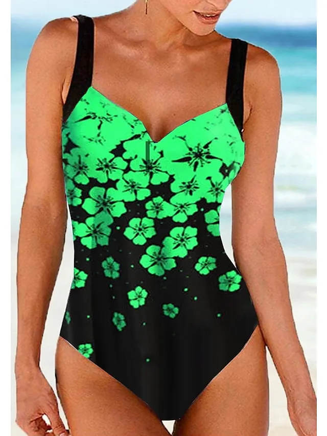 Women's Swimwear One Piece Monokini Bathing Suits Normal Swimsuit Floral Floral Print Navy Blue Blue Fuchsia Green Padded Strap Bathing Suits Sports Vacation Beach Wear