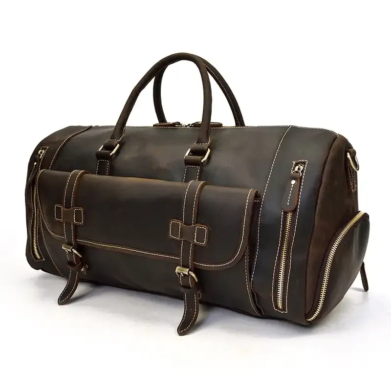 Retro Crazy Horse Leather Travel Bag with Separate Shoe Compartment